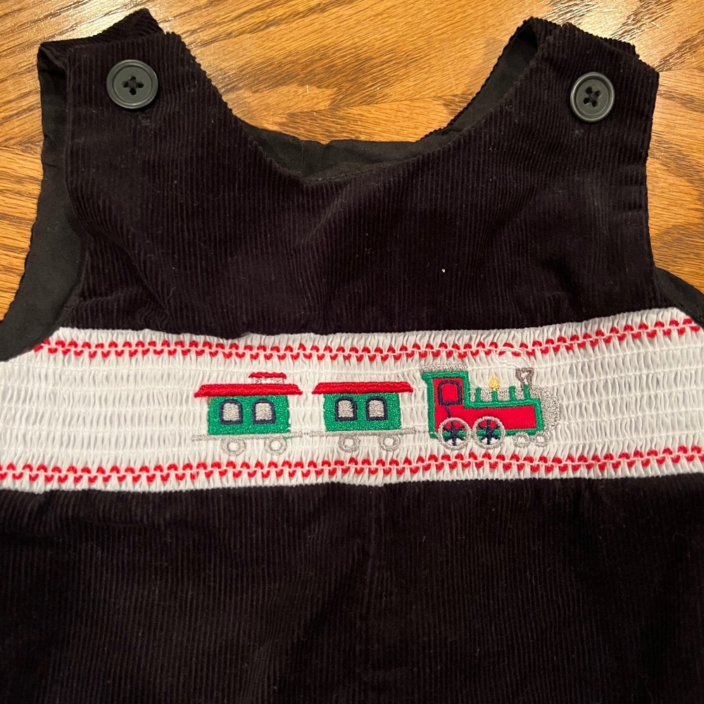 Holiday Train Overalls black corduroy with train on the front.  Size 18 months